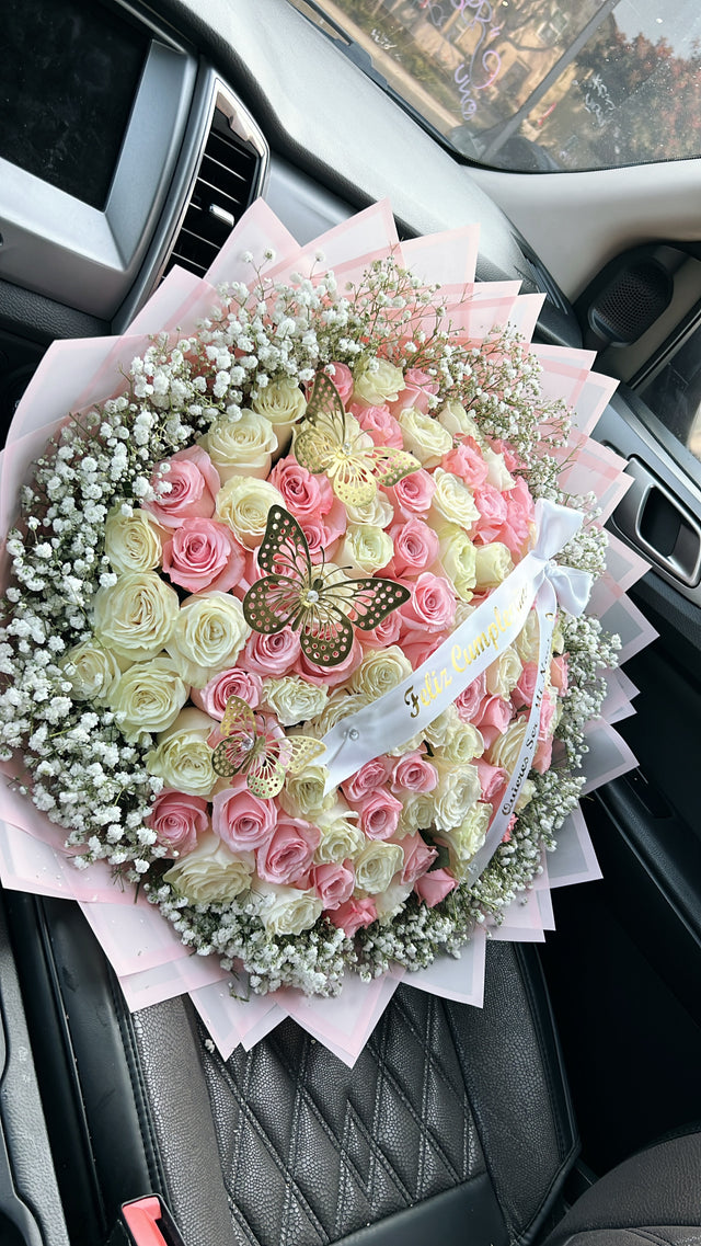 100 White & Pink Roses with Baby Breath with Pink Transparent Wrapping