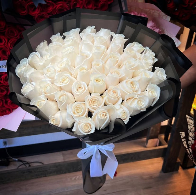 50 White Roses with Black Transparent Wrapping