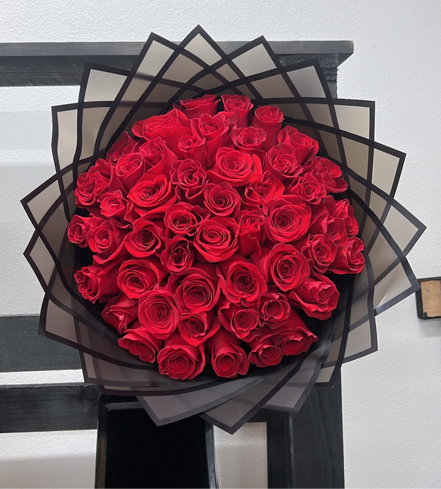 50 Red Roses with Black Transparent Wrapping