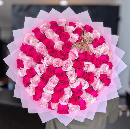 100 Pink & Hot Pink Roses with Pink Transparent Wrapping