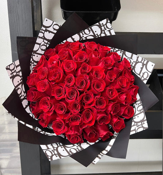 50 Red Roses with Black Dior Wrapping
