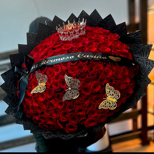 150 Red Roses with Black Rose Print Wrapping