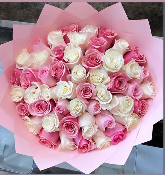 50 pink and white roses
