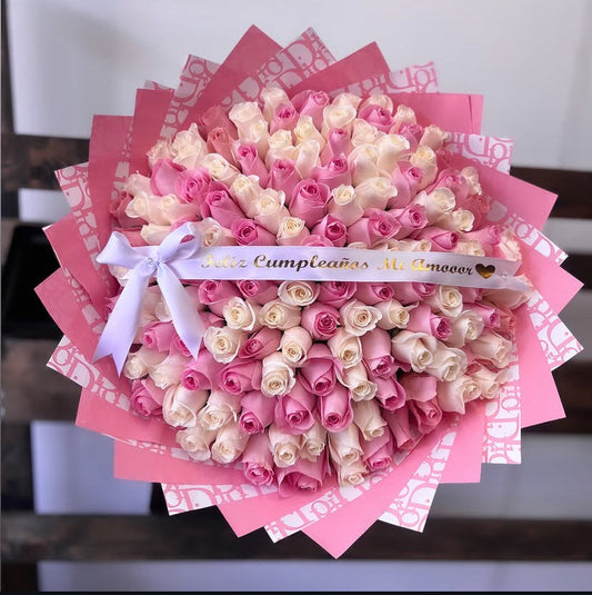 100 White & Pink Roses with Pink Dior Wrapping