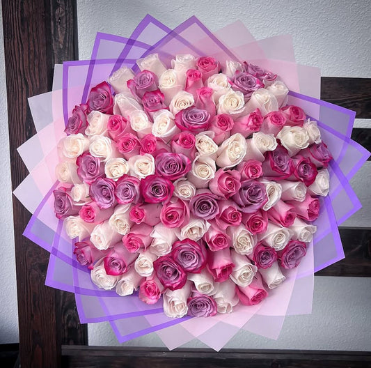 100 White/Purple/Pink Roses with Purple & Pink Wrapping