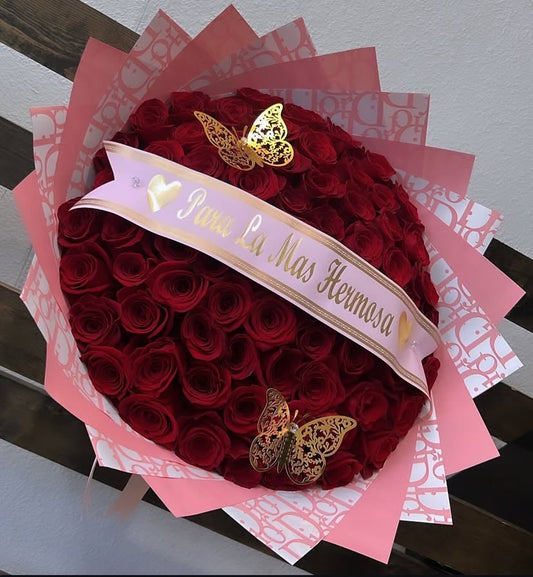 75 Red Roses with Pink Dior Wrapping
