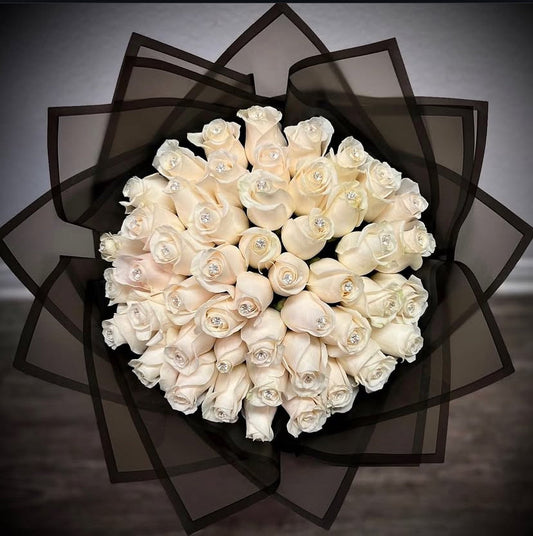 50 White Roses with Black Transparent Wrapping