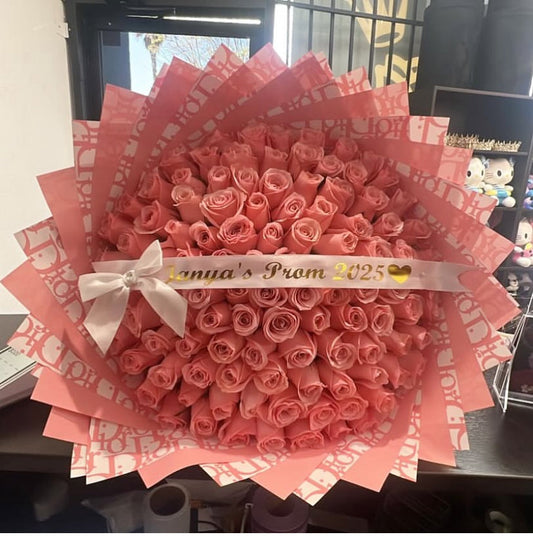 100 Pink Roses with Pink Dior Wrapping