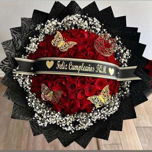 75 Red Roses with Baby Breath on Black Rose Print Wrapping