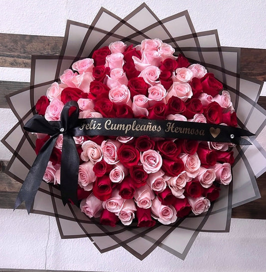 100 Red and pink Roses with Black Wrapping