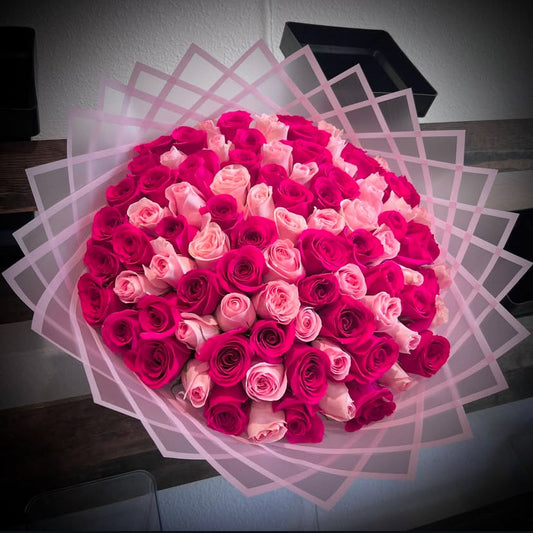 100 Pink & Hot Pink Roses with Pink Transparent Wrapping