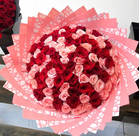 100 Pink &  red Roses with Pink Dior  Wrapping