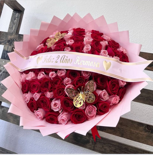 100 Red & Pink roses with Pink Transparent Wrapping