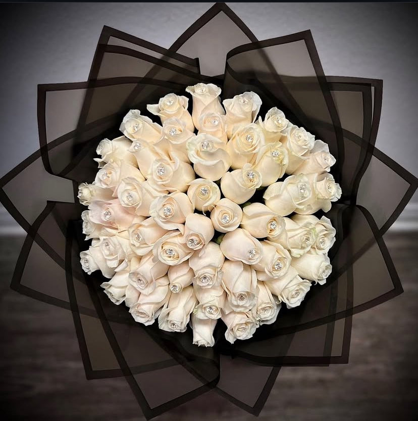 50 White Roses with Black Transparent Wrapping