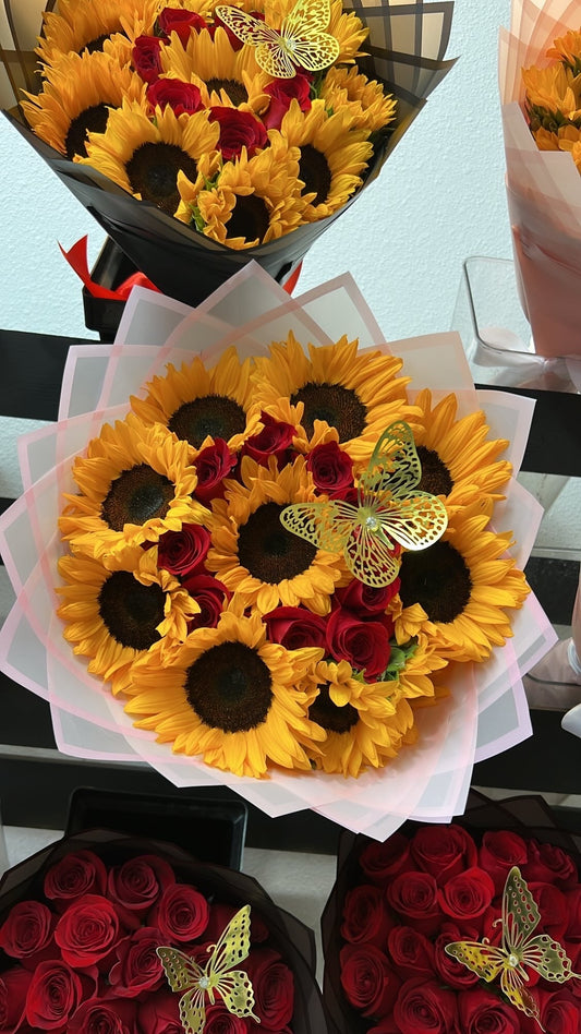 Bouquet of sunflowers and roses