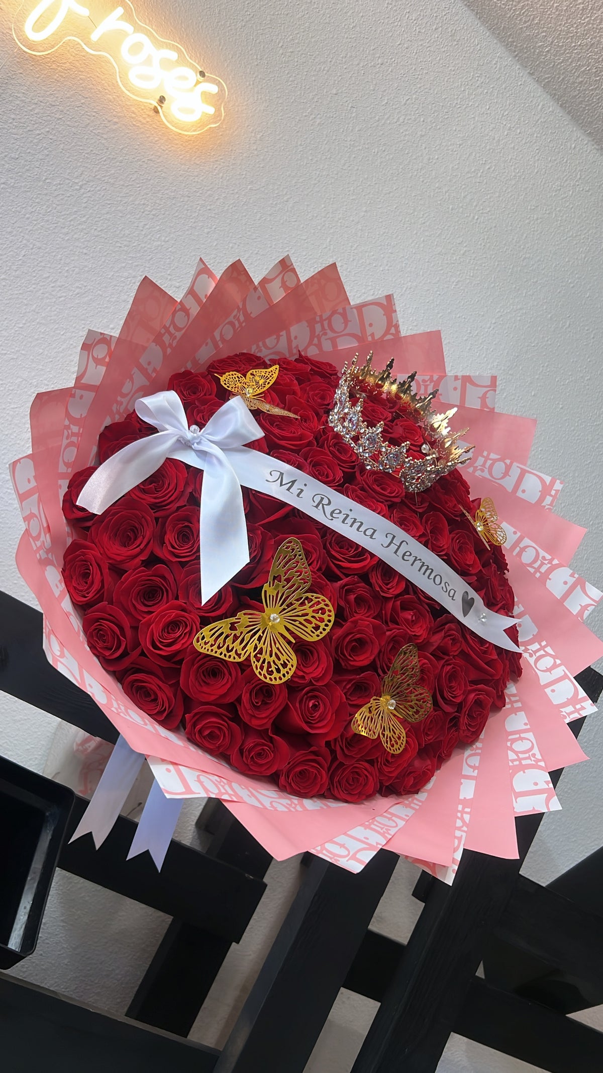 100 Red Roses with Pink Dior Wrapping