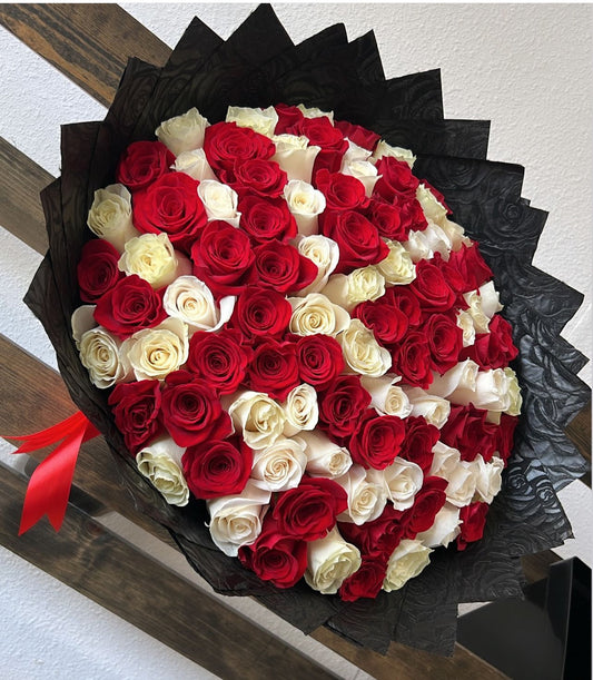 100 Red & White Roses with Black Rose Print Wrapping