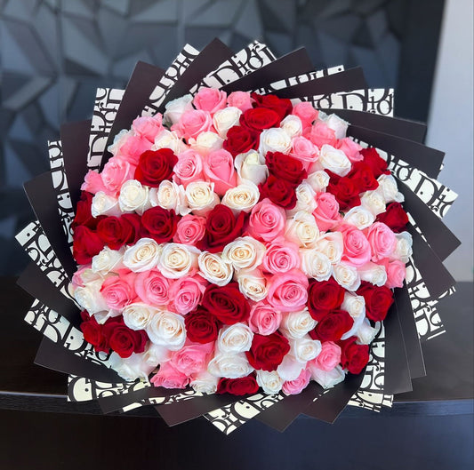 100 Pink/Red/White Roses with Black Dior Wrapping