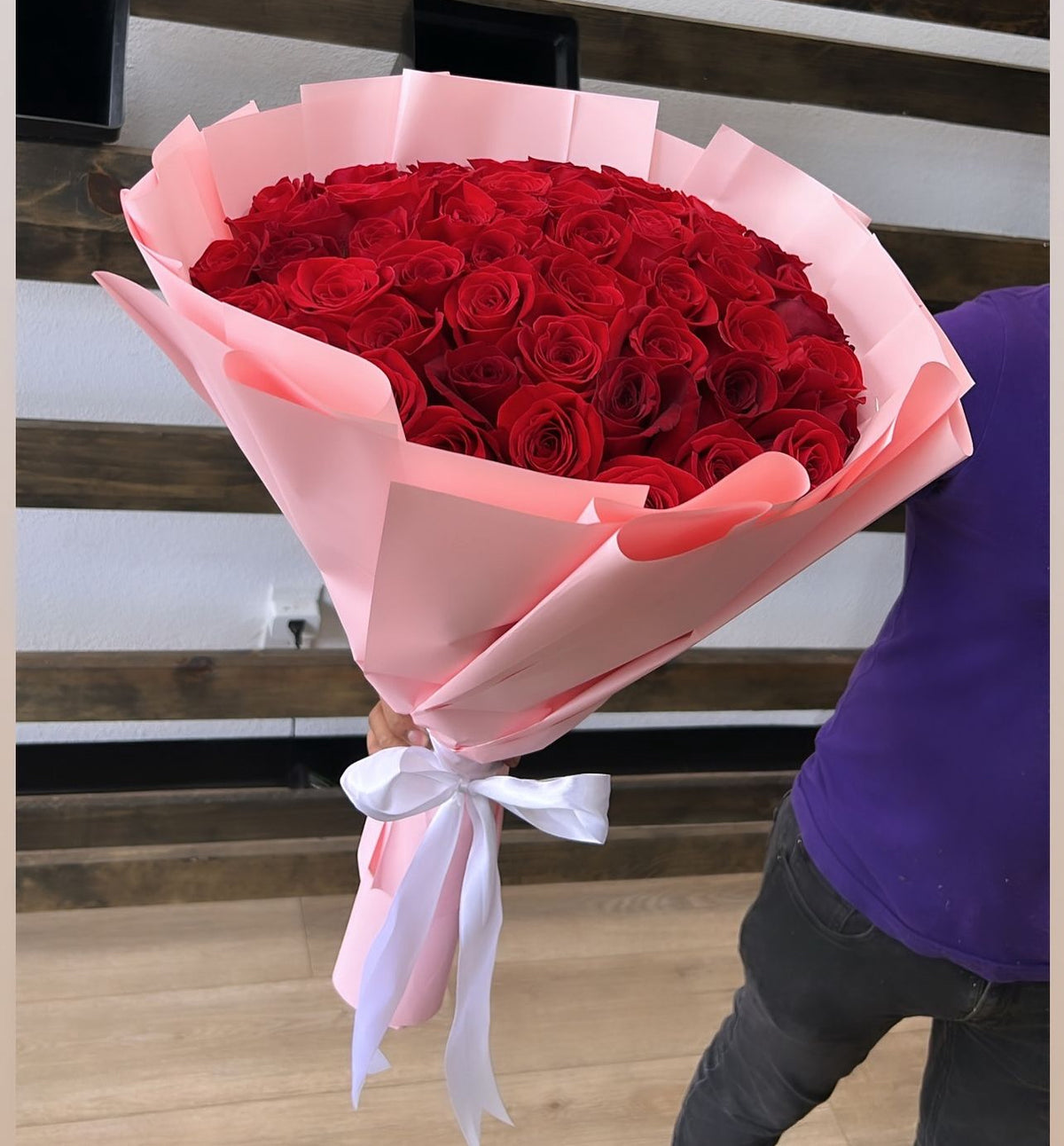 50 Red Roses with Pink Transparent Wrapping