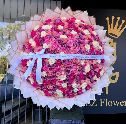 300 Hot Pink/Pink/Purple/White Roses with Pink and Gold Wrapping