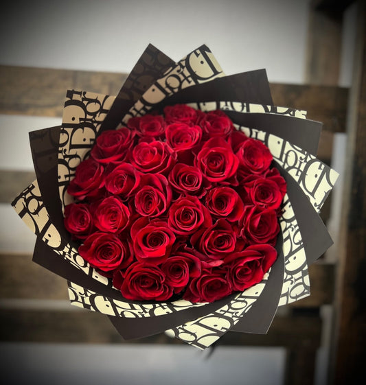 25 Red Roses with Black Dior Wrapping