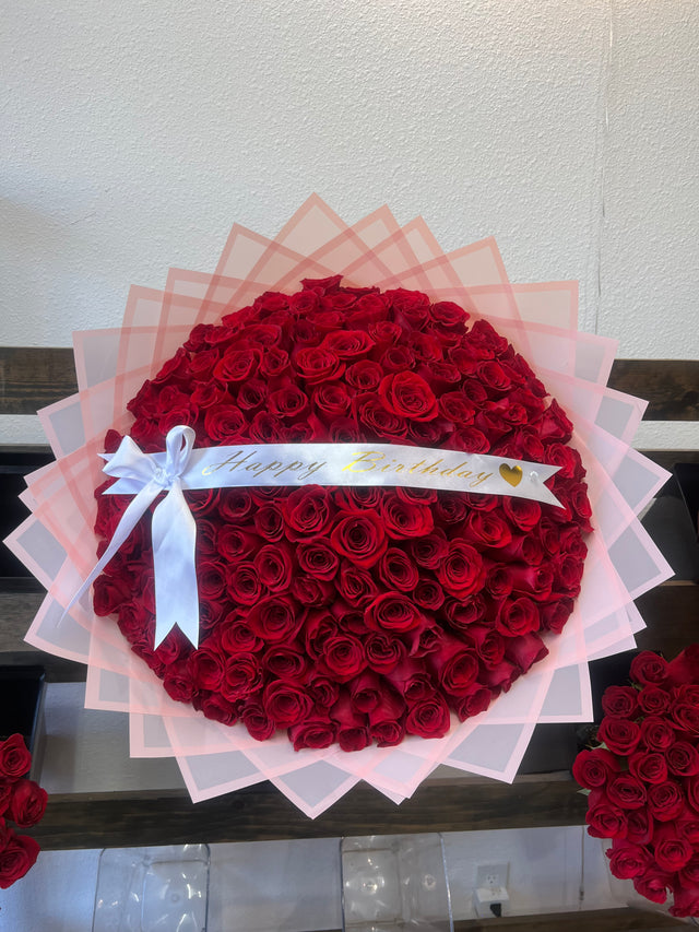 200 Red Roses with Pink Transparent Wrapping
