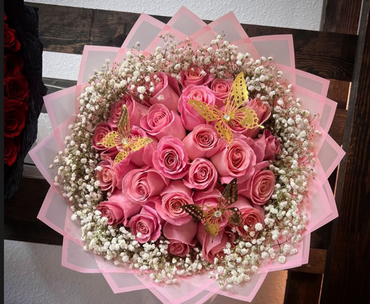 25  Pink Roses and baby breath