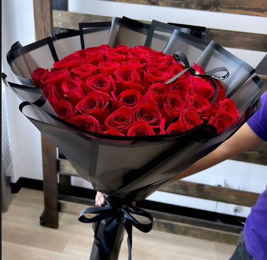 50 Red Roses with Black Transparent Wrapping