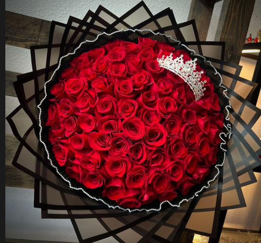 75 Red Roses with Mesh on Black Transparent Wrapping