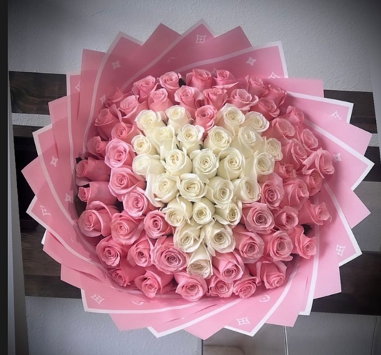 75 pink roses and white heart