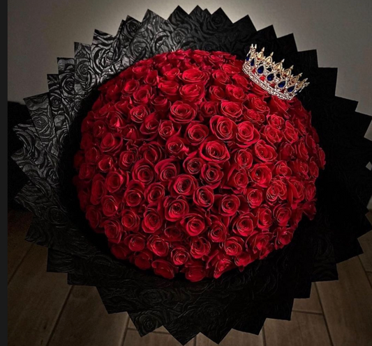 150 Red Roses with Black Rose Print Wrapping