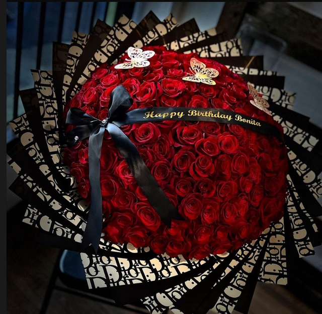 200 Red Roses with Black Dior Wrapping